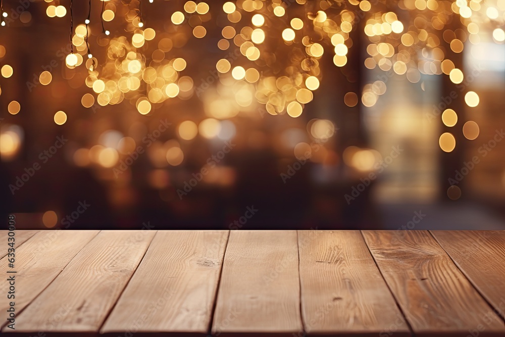 Poster the background of the restaurant is blurred, and there is a wooden table without any items on it. th