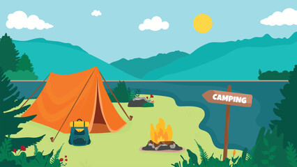 Camping. Vector illustration of a beautiful landscape, lake, mountains, forest, tent and campfire. Landing page - obrazy, fototapety, plakaty