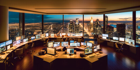 Fototapeta na wymiar Futuristic modern office. Business corporation room - Generative AI