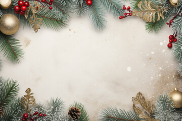 Fototapeta na wymiar Christmast border desing around a blank space. Decorated border for winter holidays.