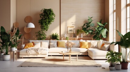 Cozy elegant boho style living room interior in natural colors. Comfortable corner couch with cushions, many houseplants, wooden coffee table, rug on the floor, home decor. 3D rendering.
