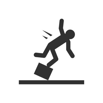 Person falls from object icon. Watch out for unstable structures. Monochrome black and white symbol