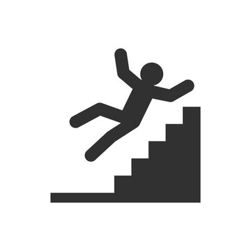 Person falls down the stairs icon. Watch out for the stairs. Monochrome black and white symbol