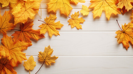 Naklejka na ściany i meble autumn yellow maple leaves on white wooden background top view. Generative Ai.