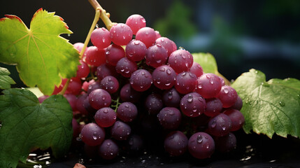 Grapevine branch with red ripe grapes with water drops in the sun. Generative Ai.