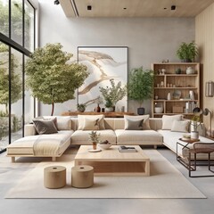Cozy elegant boho style living room interior in natural colors. Comfortable corner couch with cushions, many houseplants, wooden coffee table, shelving, rug on the floor, home decor. 3D rendering.