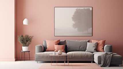 Fototapeta na wymiar Front view of a modern luxury living room. Pink wall with poster template, comfortable corner couch with cushions, coffee table, plant in pot, home decor. Mockup, 3D rendering.