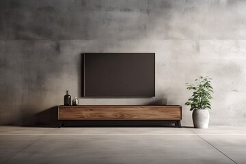 A rendering of a TV cabinet mockup in the living room against a concrete wall is presented.