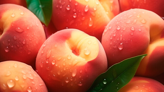 ripe peaches with water drops close-up. Generative Ai.