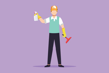 Character flat drawing man cleaning and tidying home, male wiping window glass with detergents and special supplies. Cleanup and housekeeping of apartment or house. Cartoon design vector illustration