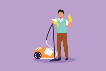 Character flat drawing worker of cleaning service. Man dressed uniform with vacuum cleaner and thumbs up pose. Washing, cleaning service. Disinfection and cleaning. Cartoon design vector illustration