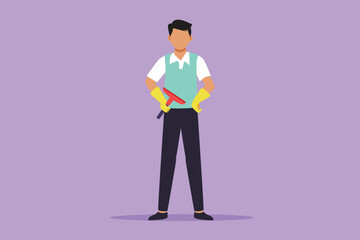 Cartoon flat style drawing active cleaning service standing with cool pose. Cleaning worker posing and enjoying working. Smiling male cleaning company staff member. Graphic design vector illustration