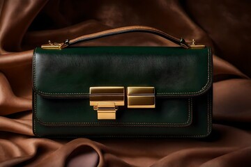 an elegant leather handbag for women, intricate stitching and a gold clasp, dark green color purse