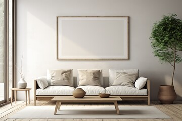 Scandinavian farmhouse living room interior with a mockup frame, rendered in 3d.