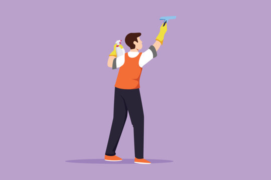 recommend clip art: Cartoon flat style drawing back view man janitors cleaners cleaning windows with cleaning tools. City view skyscrapers. Employee of cleaning company working process. Graphic design vector illustration