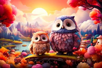 Wall murals Owl Cartoons Couple of owls sitting on top of lush green field.