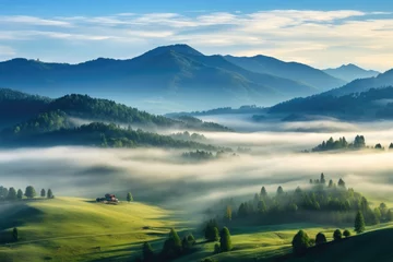 Poster Alpine foggy valley in the morning © Veniamin Kraskov