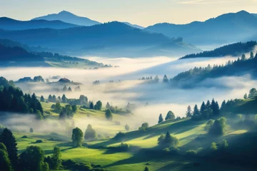 Fototapeten Alpine foggy valley in the morning © Veniamin Kraskov