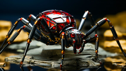 Close up of red and black spider on rock.