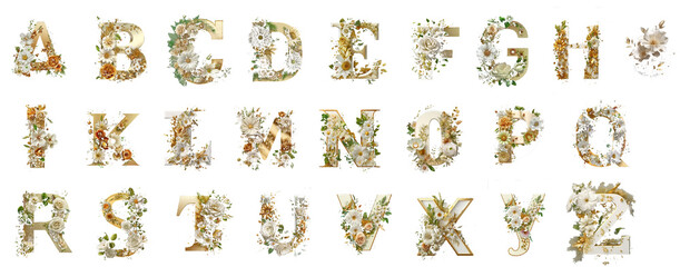 Fototapeta premium Letter gold with flowers on transparent background
