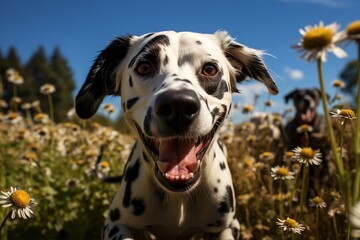 Dalmatian dog standing in field of flowers.