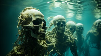 Group of skeletons swimming in body of water with seaweed.