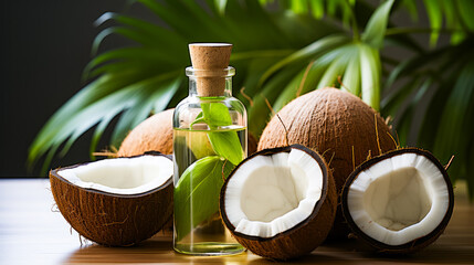 Bottle of coconut oil next to some cut up coconuts. - obrazy, fototapety, plakaty