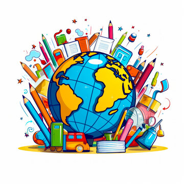 Drawing of globe surrounded by school supplies on white background.