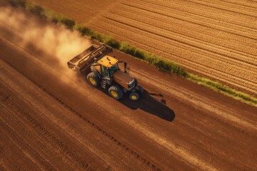 Aerial view of a Tractor fertilizing a cultivated agricultural field.