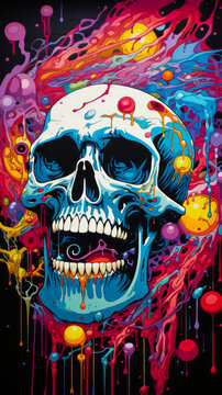 Image of skull with colorful paint splatters.