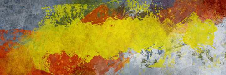 Abstract grunge background texture, yellow white orange red green and gray paint in grungy distressed style design.