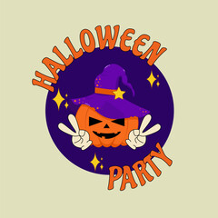Happy Halloween. Design of a festive invitation to a Halloween party, sticker, emblem, logo. A groovy pumpkin in an old hat on a dark background. Vector illustration.