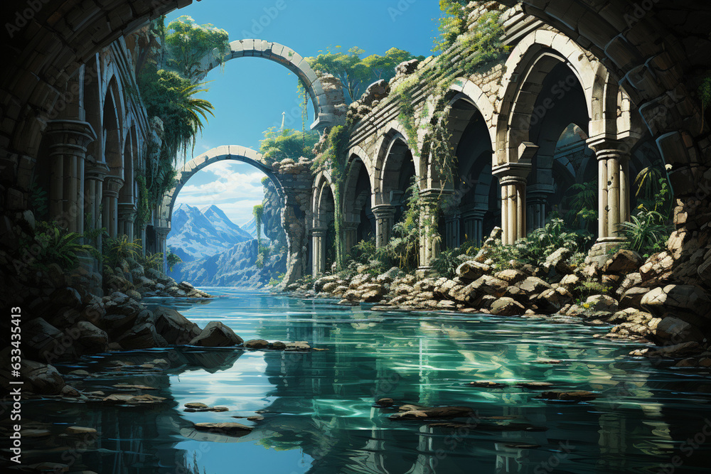 Aufkleber a view of historical ruins set against a mainland backdrop, reflecting the passage of time and the r