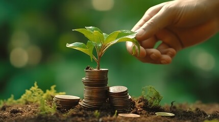 Human hand and young green sprout growing on coin stacks over green blurred background. Business finance strategy, money earning and saving ideas, future investment concept. Copy space. 3D rendering.