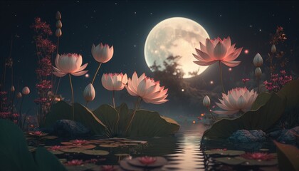 Night landscape with water lilies in a swamp against the background of the moon