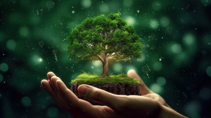 Fototapeta na wymiar Symbolic magic green tree in human hands on blurred background. Respect for nature, sustainable energy, care for the environment, ecological development. Earth Day concept. Copy space. 3D rendering.