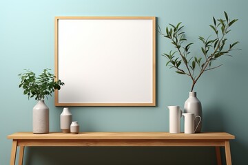 Empty wooden picture frame mockup hanging on pastel wall. Boho-shaped vases with dried flowers and house plants on table. Working space, home office. Modern interior.