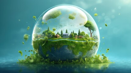 Symbolic 3D image of the globe with elements of human activity and nature. Environment, save clean planet, ecology concept. Saving nature for future generations. Earth Day banner with copy space.