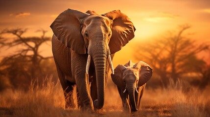 a grown-up elephant with her baby child in its natural habitat, golden hour photo