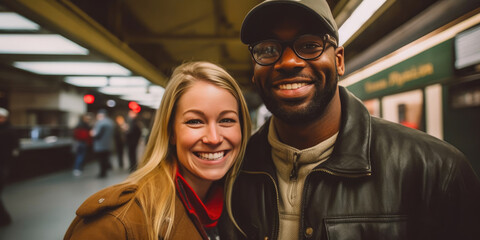 35-Year-Old and Partner Smiling at Train Station