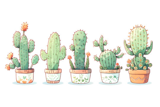  cactus illustration white.Generate AI