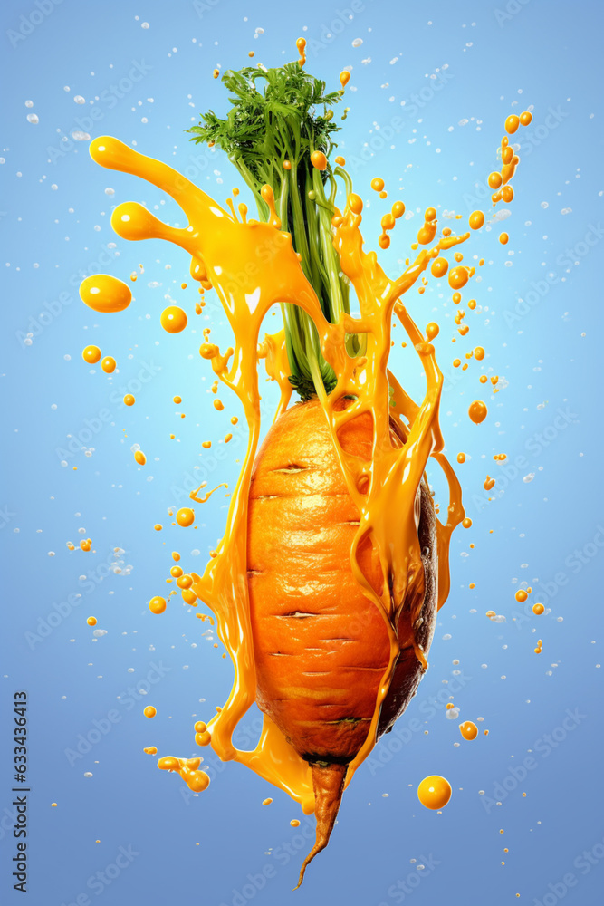 Poster An vibrant photograph of a Carrot splashed in bright paint, symbolizing freshness and health. Generative AI technology...