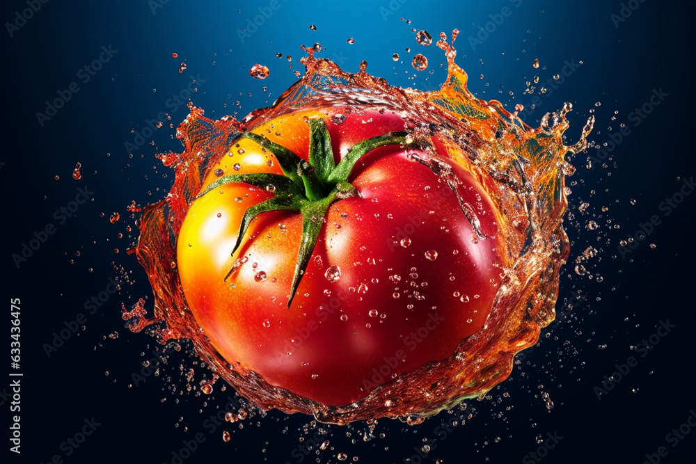 Poster An vibrant photograph of a Tomato splashed in bright paint, symbolizing freshness and health.  Generative AI technology...