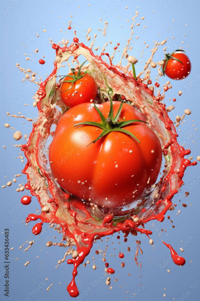 Poster An abstract surreal photograph of a Tomato splashed in bright paint, symbolizing freshness and health. Generative AI technology...