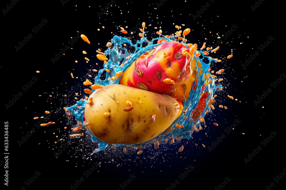 Poster an vibrant photograph of a potato splashed in bright paint, symbolizing freshness and health. genera