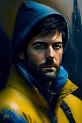 Oil painting, impressionist brush strokes of jim sturgess in the shadows, he is ina distance, cyberpunk, sci-fi, dirty, dressing in a working-class yellow jumpsuit, the atmosphere is blue and dark blu