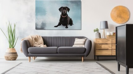 Modern stylish living room scandi style. Comfortable gray sofa with cushions, commode, home decor. Big poster with a cute dog image on the wall. Mockup, 3D rendering.