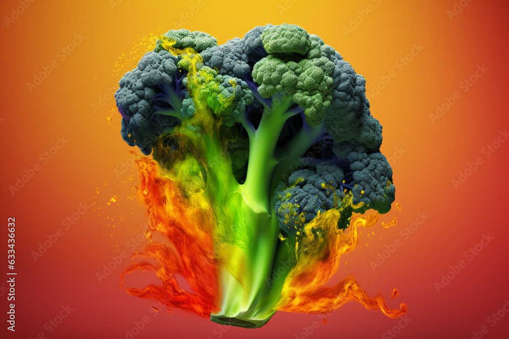 Aufkleber An vibrant photograph of a Broccoli splashed in bright paint, symbolizing freshness and health.  Generative AI technology...