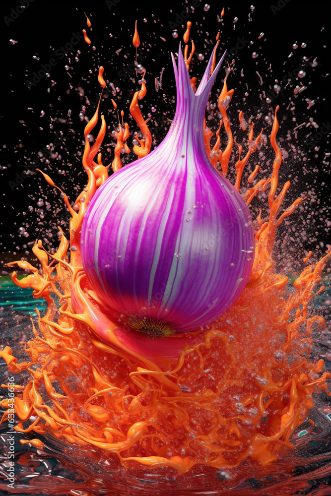 Poster An abstract surreal photograph of a Onion splashed in bright paint, symbolizing freshness and health.  Generative AI technology...