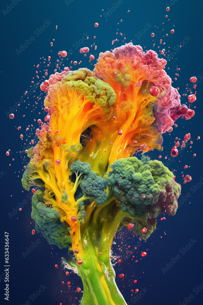 Poster an abstract surreal photograph of a broccoli splashed in bright paint, symbolizing freshness and hea